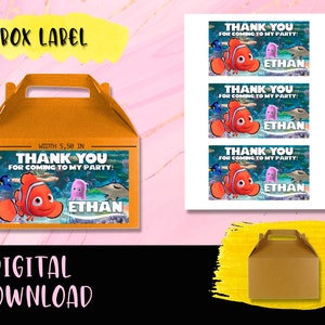 Finding Nemo Box étiquette Fête d’anniversaire - Boîte à pignon - Sac cadeau - Étiquettes Imprimables Trouver Nemo - Trouver Dory TÉLÉCHARGEMENT NUMÉRIQUE