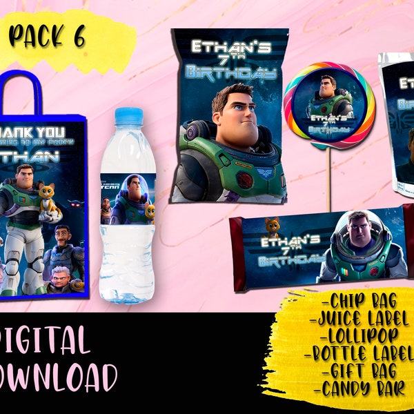 Buzz Lightyear Birthday Party Pack - Chip Bag - Lollipop - Favor bag- Juice - Water Bottle - Candy bar - Labels printables DIGITAL DOWNLOAD
