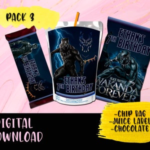 Black Panther Geburtstagsparty-Paket – Chip-Tasche – Schokoriegel – Saftetikett – druckbare Etiketten. Black Panther – Wakanda Forever DIGITALER DOWNLOAD