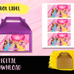Princesses Box étiquette Birthday Party- Gable box - Sac cadeau - Étiquettes Printables Princess TÉLÉCHARGEMENT NUMÉRIQUE