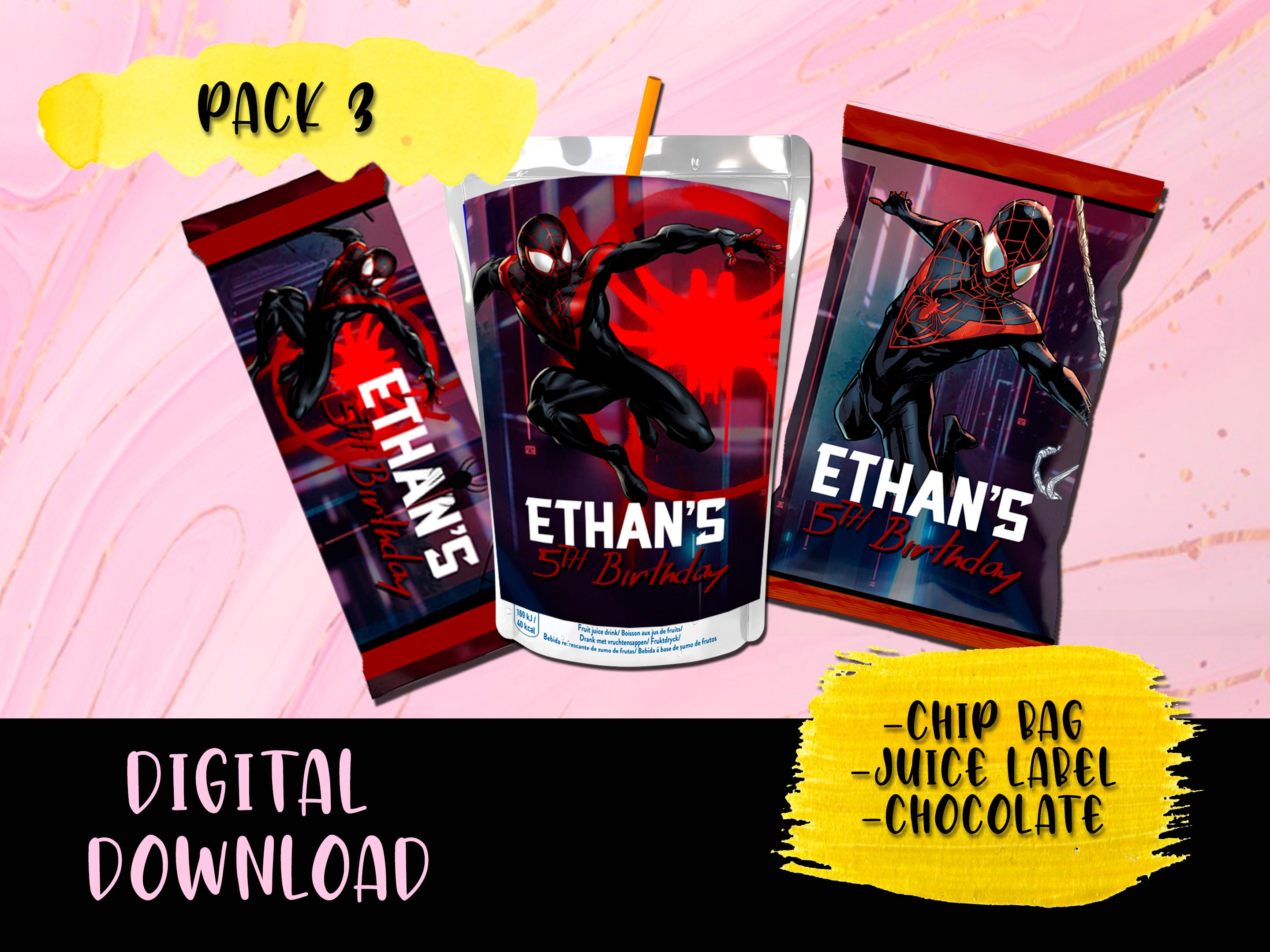 Miles Morales Spiderman Birthday Party Pack Chip Bag Lollipop Favor Bag  Juice Water Bottle Candy Bar Printables DIGITAL DOWNLOAD 