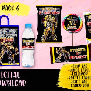 Bumblebee Birthday Party Pack - Chip Bag - Candy Bar - Étiquette de jus - Étiquettes imprimables Bumblebee Transformers party TÉLÉCHARGEMENT NUMÉRIQUE
