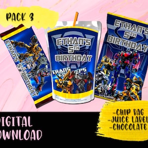 Transformers Birthday Party Pack - Chip Bag - Candy Bar - Juice label - Labels printables Transformers party DIGITAL DOWNLOAD