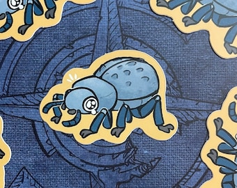 May include: Five blue and yellow beetle stickers with a cartoon style. The beetles have large eyes and are in various poses.