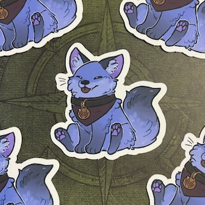 May include: Four stickers featuring a cartoon purple fox with a gold collar and a purple bandana. The fox is smiling and has its tongue sticking out. The stickers are on a green background with a compass design.