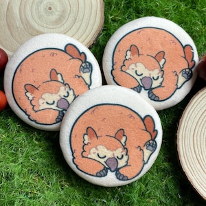 May include: Three round white buttons featuring a cartoon image of a red-brown wombat sleeping on each. The wombat is curled up with its eyes closed.