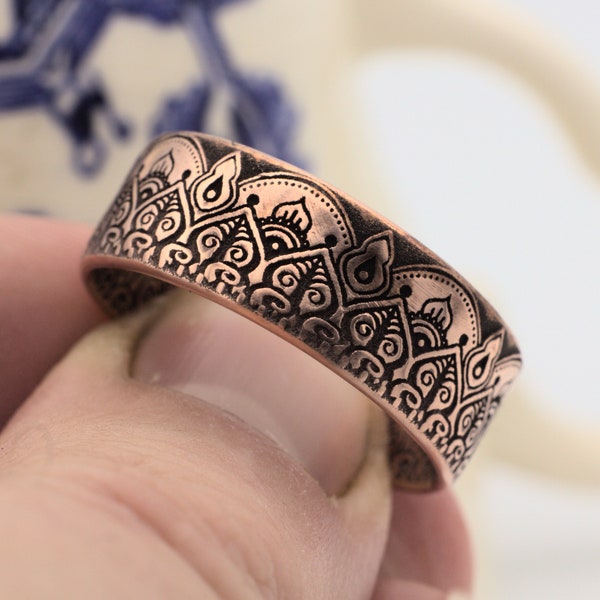Classical Indian style coin ring made from a copper round in the UK. Beautiful and tactile Buddhist, Hindu style patterns.