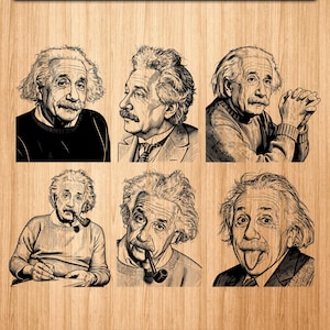 May include: A digital collection of six black and white illustrations of Albert Einstein featuring various poses, including portraits with a pipe, writing, and sticking out his tongue. The text X7 EINSTEIN SVG, SVG, DXF, and PNG are clearly visible.