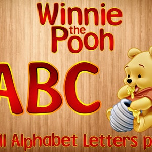 Winnie l'ourson police png, alphabet de Winnie l'ourson, Winnie l'ourson lettres png, imprimable numérique Winnie l'ourson cricut coupe fichiers police
