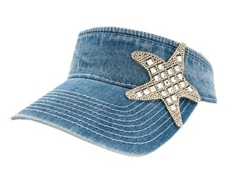 Beachwear Visor. Hand Painted Denim Baseball Cap with Lighthouse and Beach Scene Summer Beach Cap Painted Denim Lighthouse Base ball Cap