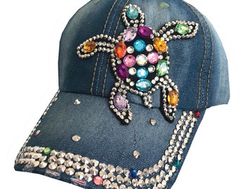 Crystal sea turtle denim hat | jeweled baseball hat | sea turtle hat | beach hat
