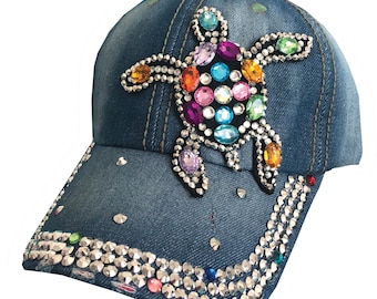 Crystal sea turtle denim hat | jeweled baseball hat | sea turtle hat | beach hat