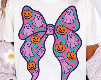 Halloween Ghost Coquette Bow Png, Girly Pastel Halloween Pumpkin Png, Cute Pink Ghost Bow Sublimation, Checkered Spooky Season Png