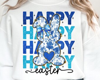 Happy Easter PNG, Blue Floral Chinoiserie Bunny Png, Grand Millennial Easter Png, Blue Toile Easter Rabbit Png, Easter Coquette Png, Girls