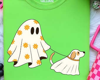 Retro Ghost and Dog Halloween PNG, Cute Floral Ghost Costume Clipart, Vintage Spooky Season Digital Download, Ghost Dog Halloween Png Trendy