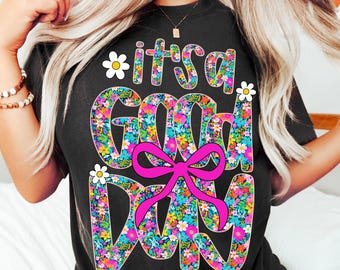 É um bom dia PNG, citação floral colorida por sublimação, design retrô com vibrações positivas, download digital para camisetas e artesanatos, PNG positivo