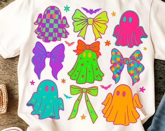 Leuke Halloween spoken en strikken png, kleurrijke kawaii spook clipart, pastel griezelig seizoen digitale download, sublimatie ontwerp, spook png