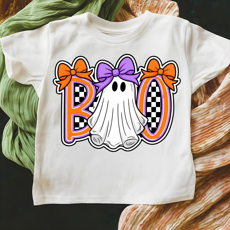May include: White t-shirt with a Halloween design. The word "BOO" is in orange letters with purple outlines and a checkered pattern. A cartoon ghost with a purple bow is in the center, and orange bows are on either side.