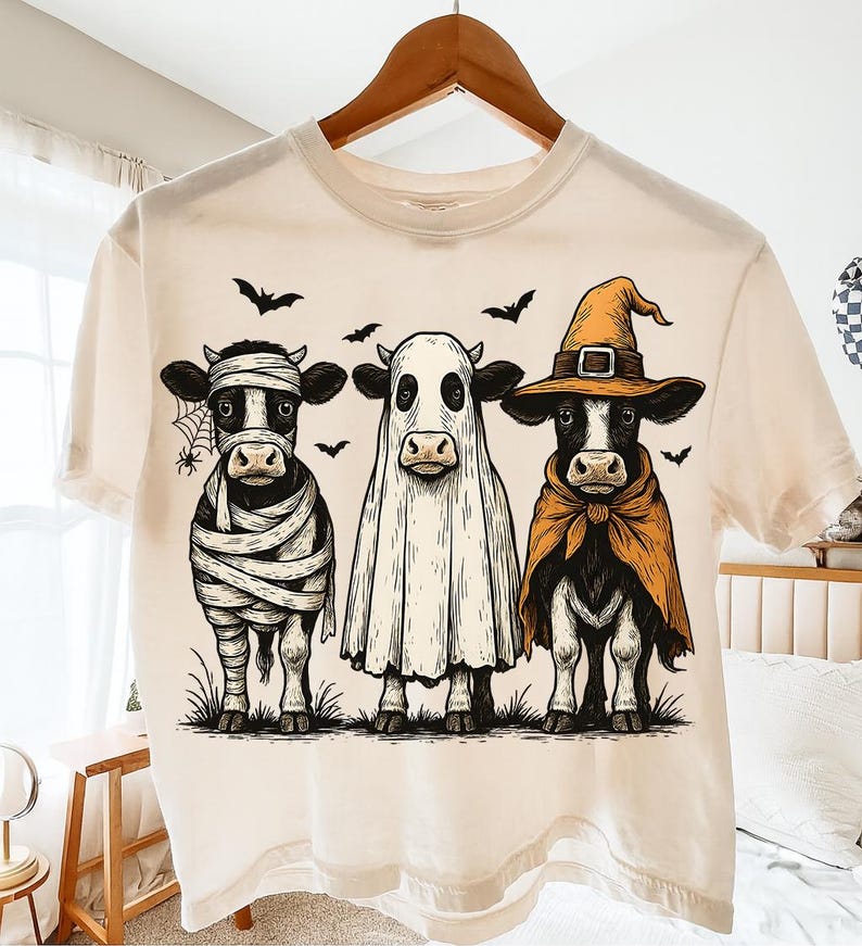 May include: Cream-colored t-shirt featuring three cows dressed in Halloween costumes. One cow is wrapped as a mummy, another is a ghost, and the third is a witch. Bats and a spiderweb are also included in the design.