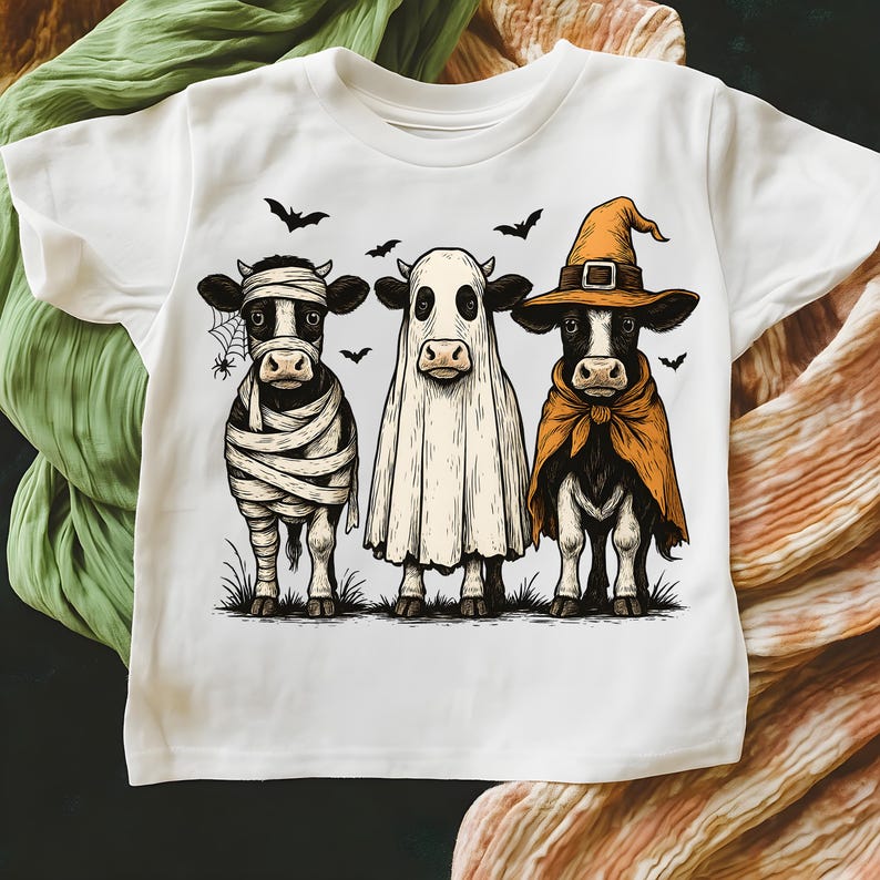May include: White t-shirt featuring three cartoon cows dressed for Halloween. One cow is a mummy, another a ghost, and the third a witch. Bats and a spiderweb are also included in the design.