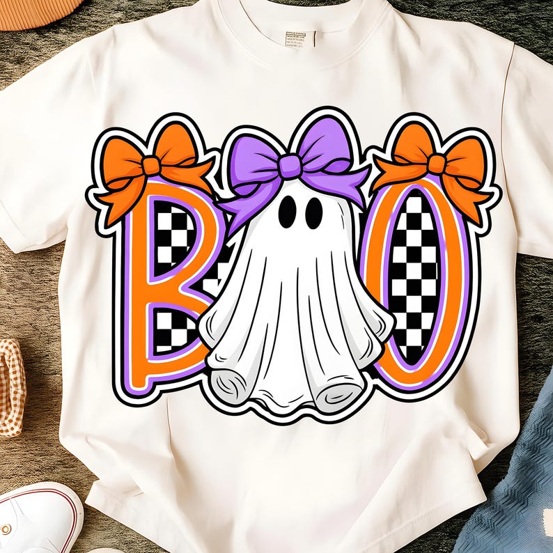 May include: White t-shirt with a Halloween design. The word "BOO" is displayed in orange letters with purple outlines and a checkered pattern. A white ghost with a purple bow is in the center. Orange bows are on top of the letters.