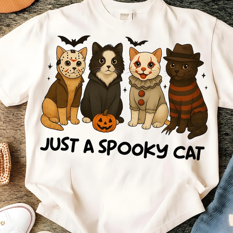 May include: White t-shirt featuring four cartoon cats dressed in Halloween costumes. The cats are dressed as Jason Voorhees, a vampire, a clown, and Freddy Krueger. The text "JUST A SPOOKY CAT" is printed below the cats.