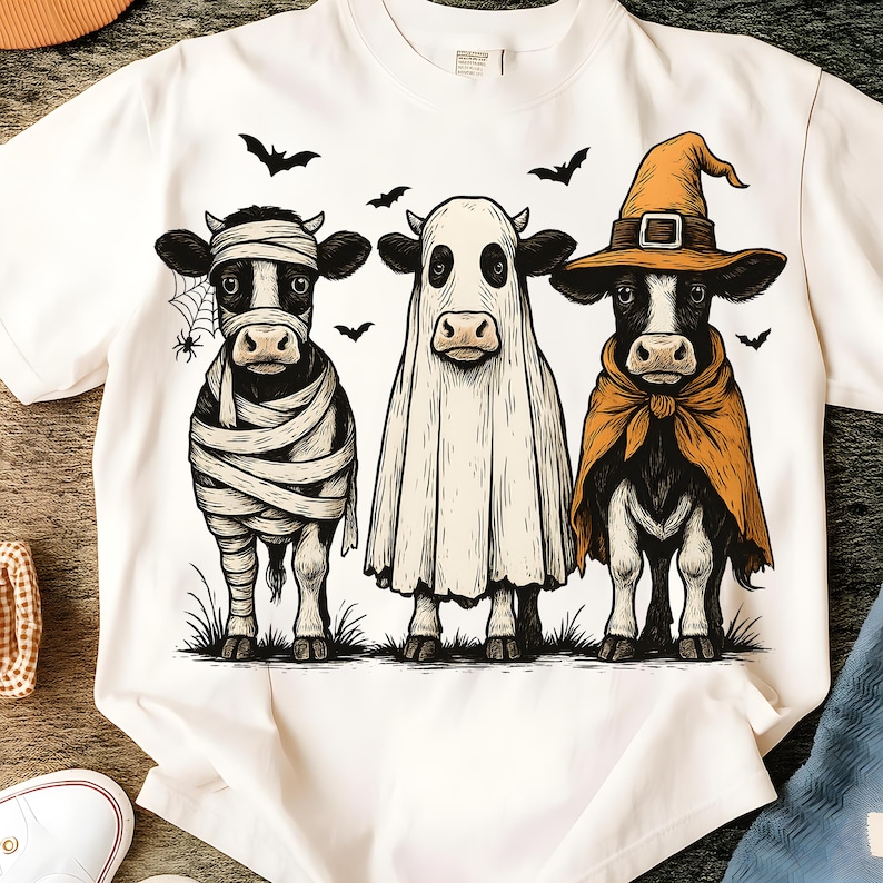 May include: White t-shirt featuring a Halloween-themed graphic. The design showcases three cows dressed as a mummy, a ghost, and a witch, with bats flying above. The cows are standing on grass, creating a festive and whimsical scene.