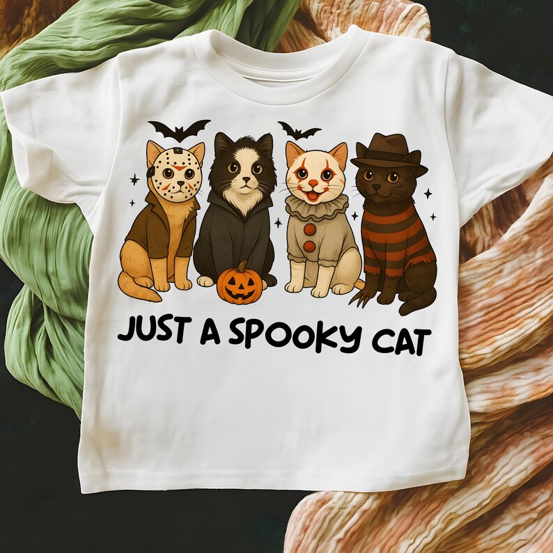 May include: White t-shirt featuring a graphic of four cats dressed in Halloween costumes. The cats are dressed as Jason Voorhees, a vampire, a clown, and Freddy Krueger. The text "JUST A SPOOKY CAT" is printed below the cats.