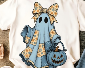 Retro Halloween Blue Denim Ghost Png, Trendy Patchwork Spooky Ghost Png, Cute Boo Ghost Coquette Png, Fall Pumpkin Png, Spooky Season Png