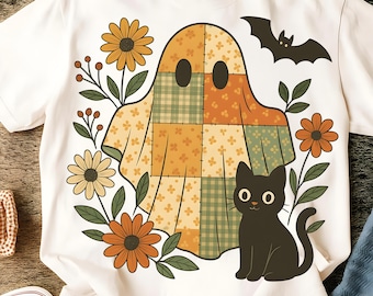 Patchwork Ghost PNG, Vintage Halloween Quilt Ghost Sublimation, Retro Halloween Png, Cozy Spooky Fall Shirt Design, Halloween Ghost Png