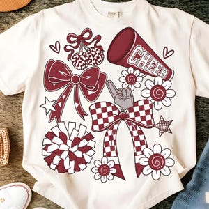 Preppy Cheerleader Coquette PNG – Maroon Cheer Mom Shirt Design – Cheer Season Sublimation – Cute Bow Cheerleading PNG – Team Spirit Graphic