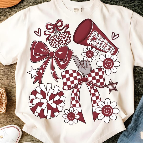Preppy Cheerleader Coquette PNG – Maroon Cheer Mom Shirt Design – Cheer Season Sublimation – Cute Bow Cheerleading PNG – Team Spirit Graphic