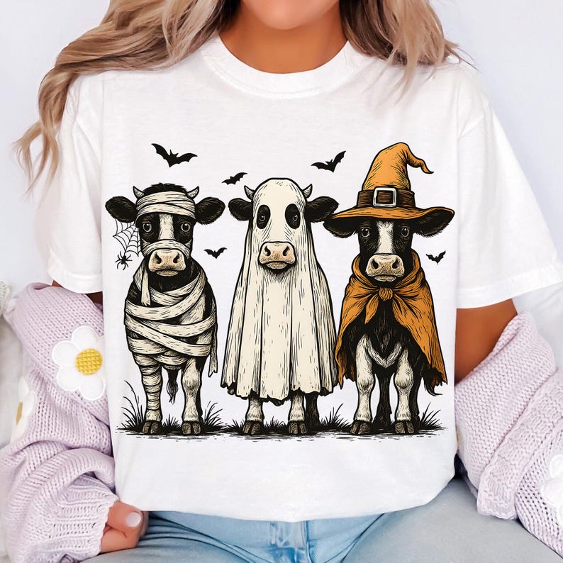 May include: White t-shirt featuring three cows dressed in Halloween costumes. One cow is wrapped in bandages, another is a ghost, and the third is a witch. Bats and a spiderweb are also included in the design.