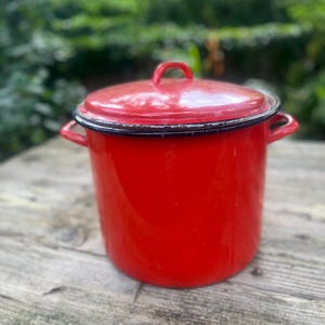 May include: A red enamel pot with a lid and two side handles. The pot has a black rim and a loop handle on the lid. The pot is sitting on a wooden surface.