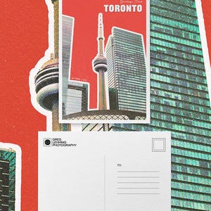 May include: A rectangular postcard featuring a graphic illustration of the CN Tower in Toronto against a red background with the text Greetings From TORONTO and CN TOWER | 2022. The reverse side is white with a stamp box and lines for an address.