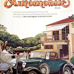 May include: Vintage magazine cover titled "The Automobile Book" with a teal convertible car in the foreground. The cover art depicts a scene with people near a plane and a house. Text includes "In pictures, prose and sheer poetry..." and "THE SATURDAY EVENING POST."