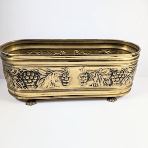 Vintage Brass Jardiniere, Oval Footed Brass Planter, Grape and Vine Repousse Cachepot, Embossed Brass Centerpiece, Antique Plant Pot 14"
