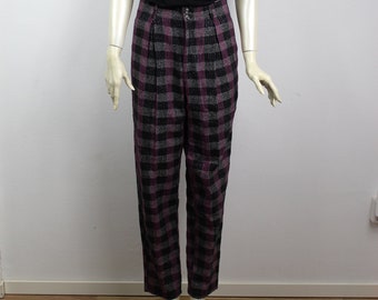 90s Plaid Pants Black Pink Checkered Trousers Pleated Tapered Leg High Waisted Punk Preppy 1990s Vintage Wool Small XS