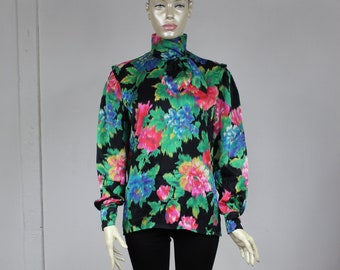 Escada Blouse 80s Turtleneck silk Shirt Floral Digi Print Top Elegant Long Sleeve 1980s Vintage Print Top Retro Medium Large