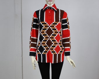 Geometric Shirt 70s Psychedelic Blouse Disco Top Bohemian Shirt Op Art 1970s Hippie Red Brown Black Long Sleeve Half Button up Boho Large