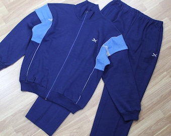Tracksuit 70s 80s Vintage Men's PUMA Blue Tracksuit Size 8 Retro Sportswear Authentic Rare Athletic Track Jacket and Pants Wide Leg L XL