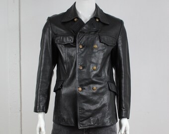 German Police Officer Leather Jacket Vintage Black Leather Police Double-Breasted Military Style Coat Size: 50 M L