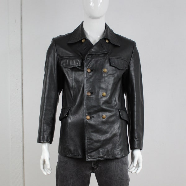 Deutsche Polizist Lederjacke Vintage Schwarz Leder Polizei Zweireihig Military Style Mantel Größe: 50 M L