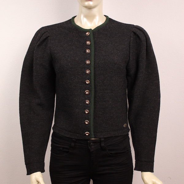 Puff Sleeves Cardigan Wool Knitted 80s Folk Jacket Grey Green Austria Bavaria Tyrol Trachten Octoberfest Vintage Knitwear Size M L