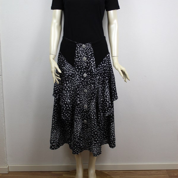 80s Black and White Tiered Skirt Vintage long skirt 1980s/ Size: L / XL