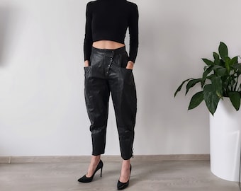 Black Leather Pants 80s Wide-leg Trousers Tapered Leg High Rise Lace up Ankle Pants Punk Club Party Rocker Vintage 1980s Extra Small / S / M