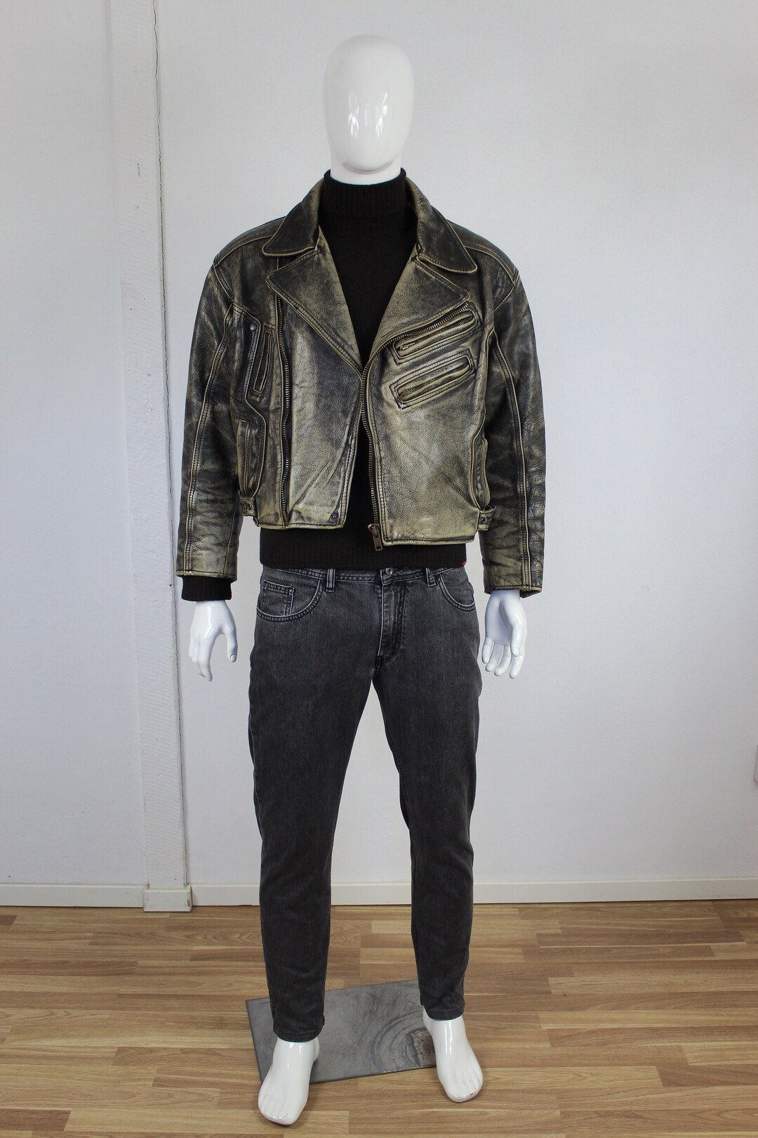 80s Leather Jacket Patina Grey Brown Tan Moto Glam Distressed Etsy