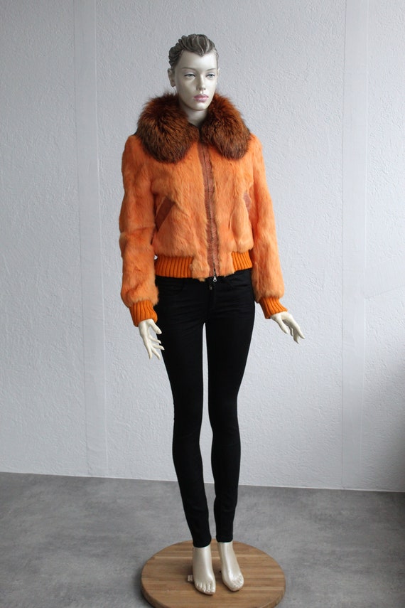 Orange Rabbit Fur Jacket 70s Style Bomber Collare… - image 1