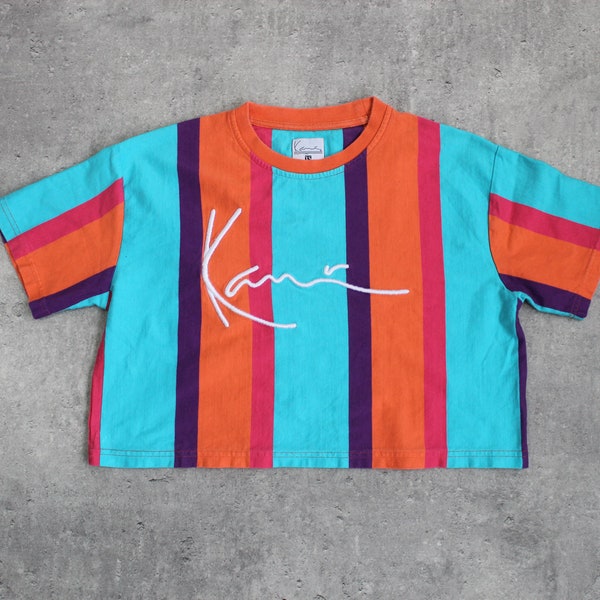 Karl Kani Crop Top Y2k Striped Turquoise Orange TShirt Retro Tee Basic Short Sleeve Cropped Shirt Summer T-shirt Vintage 2000 Extra Small