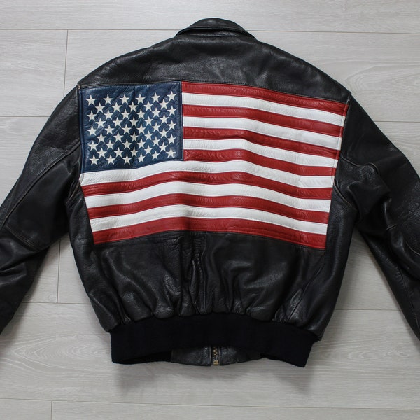 American Flag Jacket 90s Leather Jacket USA Bomber Mauritius Jacket riri Zip Up Black Brown Motorcycle Stars Vintage 1990s Moto Rocker M